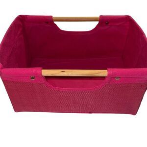 Pink Foldable Storage Bin With Wooden Carry Handles 13" x 9"